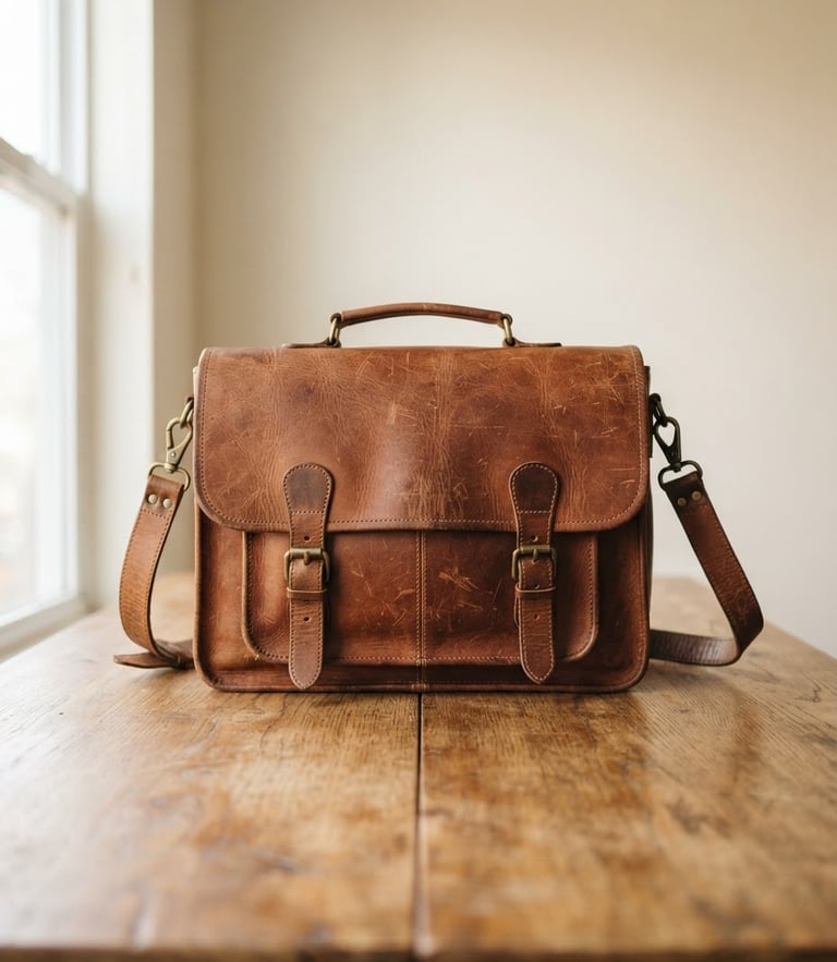 Minimalist product photography of a vintage leather bag placed neatly on a wooden table, soft natural daylight, warm neutral background, crisp details, realistic textures, 50mm