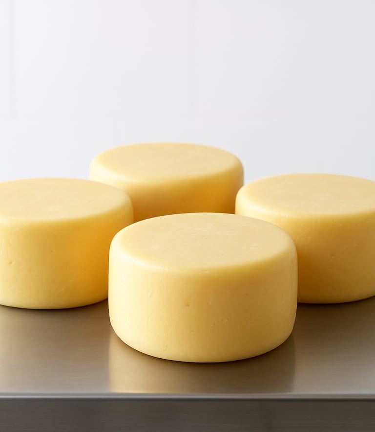 Straight-on commercial product shot of pristine wholesale cheese wheels on clean stainless steel, bright natural daylight, crisp white background.