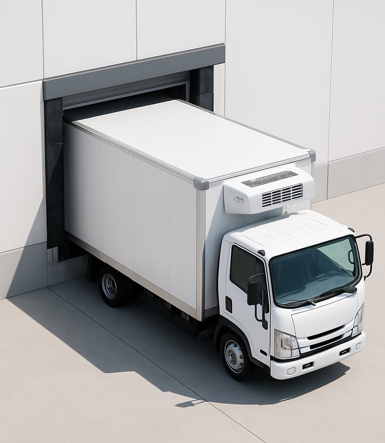 Overhead clean view of a modern refrigerated delivery truck parked at a pristine warehouse loading dock, bright daylight, sharp focus, technical B2B supply chain style