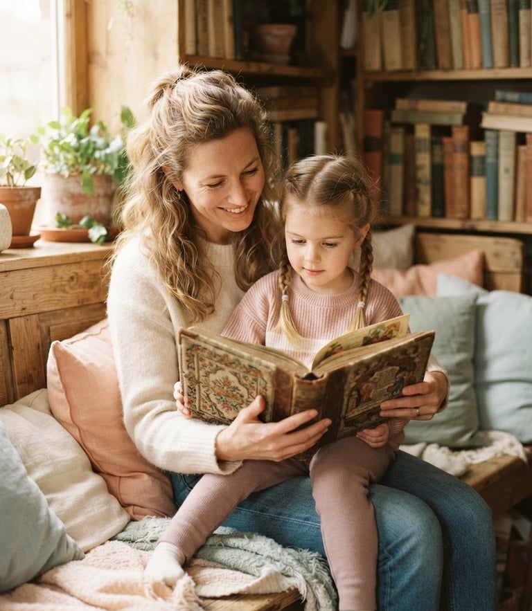 A warm, sunlit close-up of a mother and her young daughter reading a beautifully bound book together in a cozy wooden nook, soft pastel tones, shallow depth of field