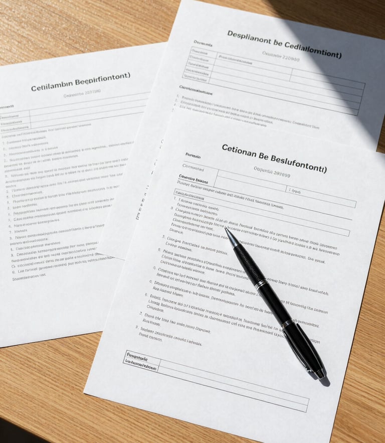 Overhead flat lay of organized business registration documents on a clean wooden desk, a black pen resting on a printed form, bright natural daylight from the side, sharp focus.
