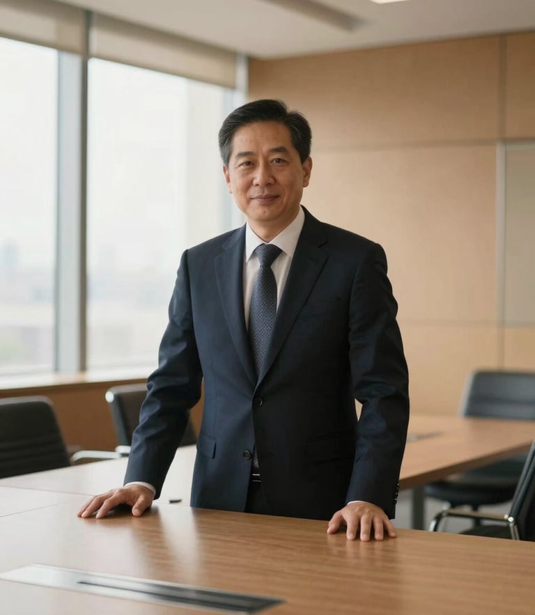 Editorial portrait of a sophisticated corporate advisory meeting room, warm sand tones, architectural lines, soft window light, shallow depth of field