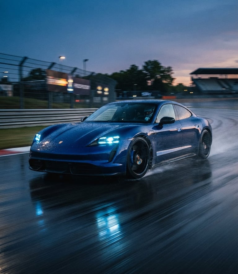 Dynamic low-angle tracking shot of a modern electric sports car accelerating on a wet track at twilight, electric blue neon headlights casting sharp reflections, motion blur, cinematic automotive photography