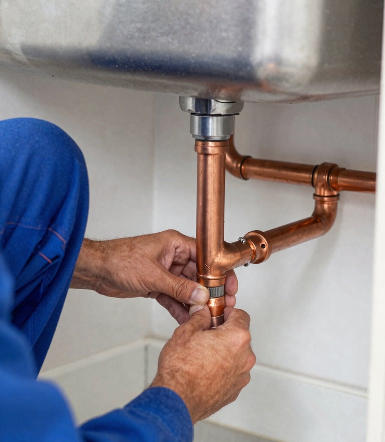 Close-up of a professional plumber's hands installing clean copper pipes under a kitchen sink, bright natural indoor light, clean blue and copper tones, sharp focus, 35mm lens