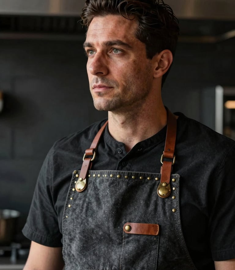 A charismatic Turkish chef in a dark modern kitchen, wearing a heavy charcoal canvas apron with brass rivets and leather straps, looking thoughtfully off-camera, dramatic side light, 35mm