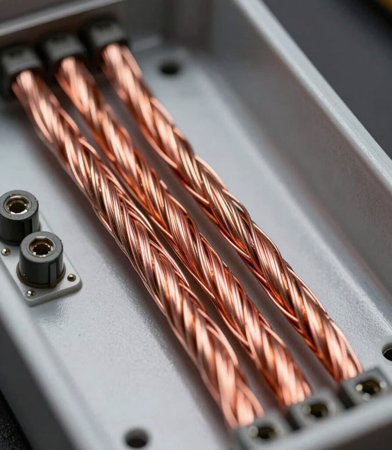 Macro shot of pristine internal panel wiring, perfectly combed copper cables, labeled terminals, technical studio lighting highlighting metallic textures.