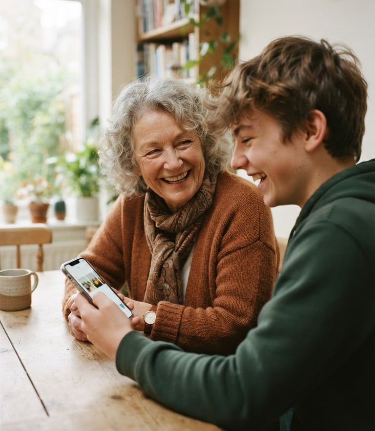 A warm, natural over-the-shoulder shot of a grandmother and her teenage grandson laughing together while looking at a clean, simplified mobile screen, soft window light, shallow depth of field, 35mm