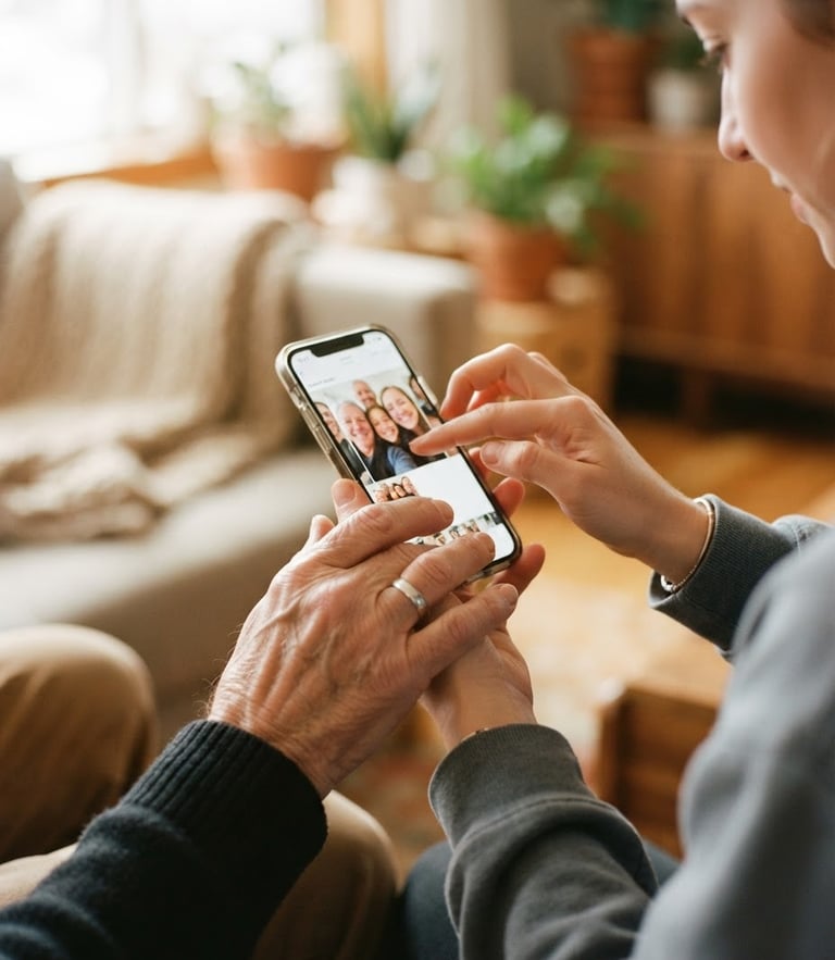 Hands of an older adult and a younger adult holding a smartphone together, warm natural window light, shallow depth of field, 35mm