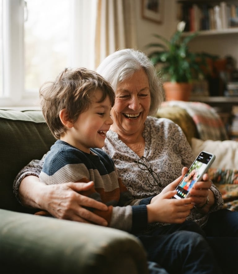 A warm over-the-shoulder shot of a grandmother and grandson laughing together while looking at a clean, high-contrast mobile screen, soft natural window light, 35mm