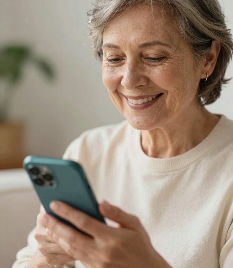 Close-up of a smiling 65-year-old woman holding a smartphone, warm natural morning light, soft cream and teal tones, shallow depth of field, authentic expression.