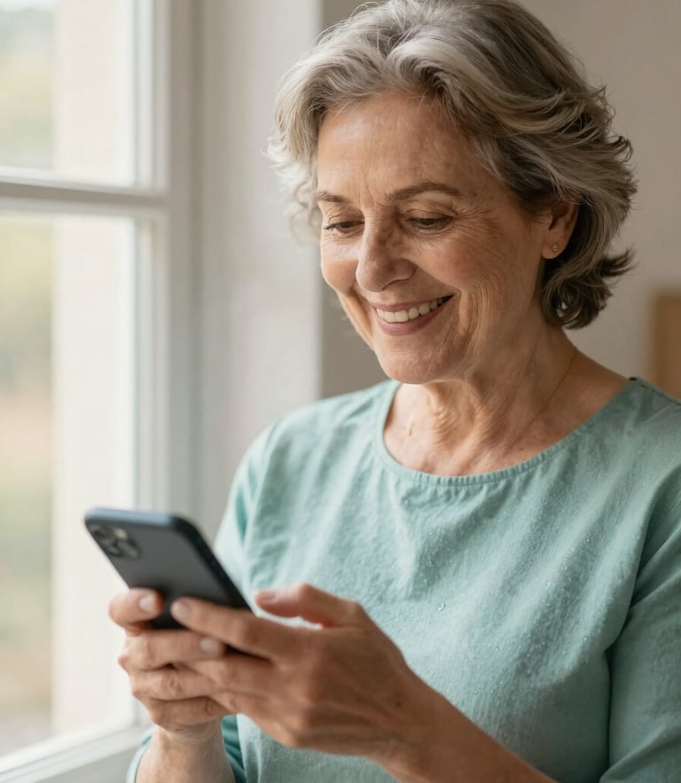 Uma senhora sorridente de cabelos grisalhos usando um smartphone de forma confiante, iluminada por luz natural suave vinda de uma janela lateral, estilo fotográfico editorial quente