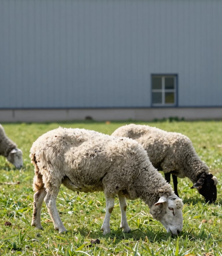 Medium shot of healthy sheep grazing in a clean, modern Azerbaijani pasture, bright natural daylight, sharp focus, 35mm lens