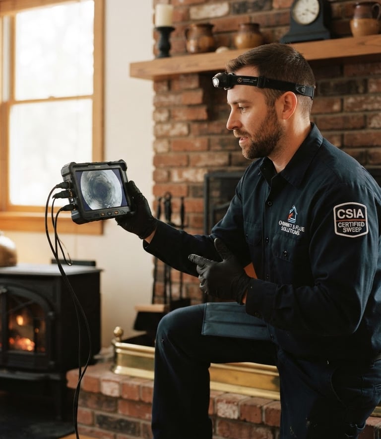 A certified chimney sweep technician in a clean uniform holding a high-tech flue camera monitor, warm indoor lighting, brick fireplace in background