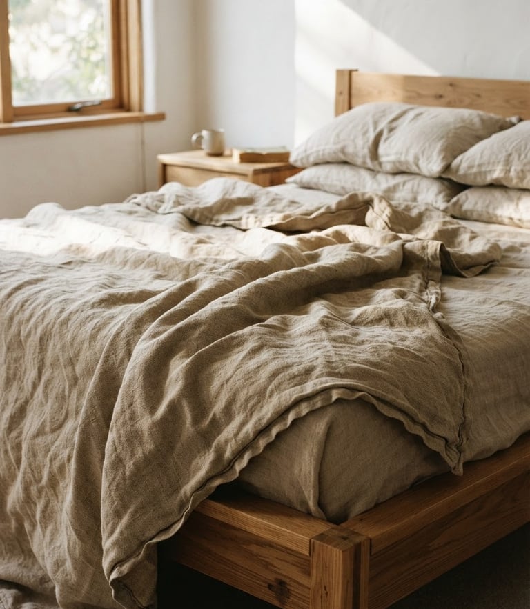 A rumpled heavy-gauge linen quilt draped over a low oak bed frame, warm morning window light casting soft shadows, tactile fabric grains visible, 35mm photography