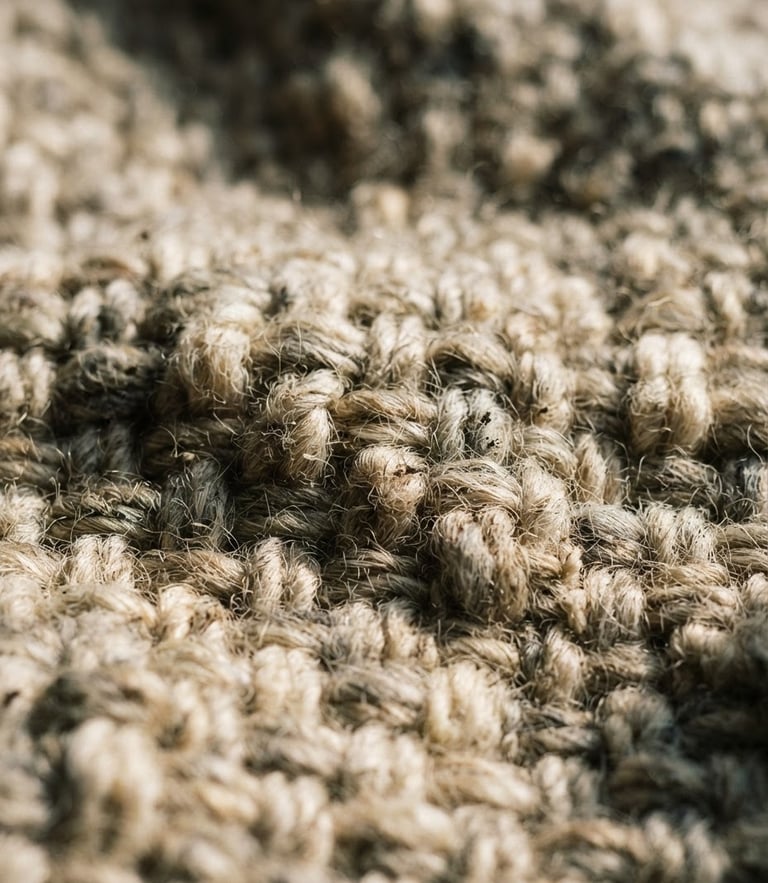 Macro photograph of heavy-gauge oatmeal wool weave, soft morning window light casting long shadows across the tactile threads, 35mm