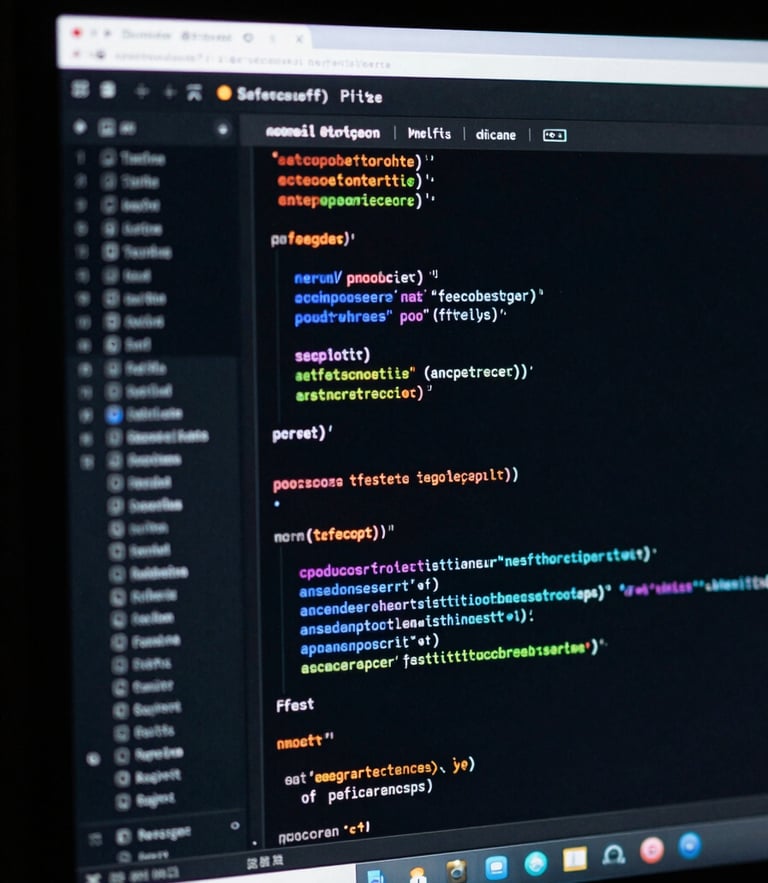 Moody dark-mode UI photography, glowing ambient neon accents, sharp high-contrast details of code on screen, shallow depth of field, 35mm