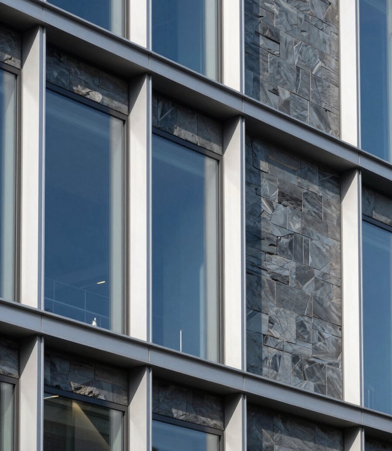 Crisp architectural photography of a modern commercial building exterior with clean aluminum frames under bright daylight, slate blue tones.