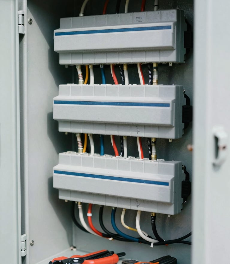 Close-up of a neatly organized electrical panel with clean wiring, professional technical tools nearby, bright natural daylight, 35mm