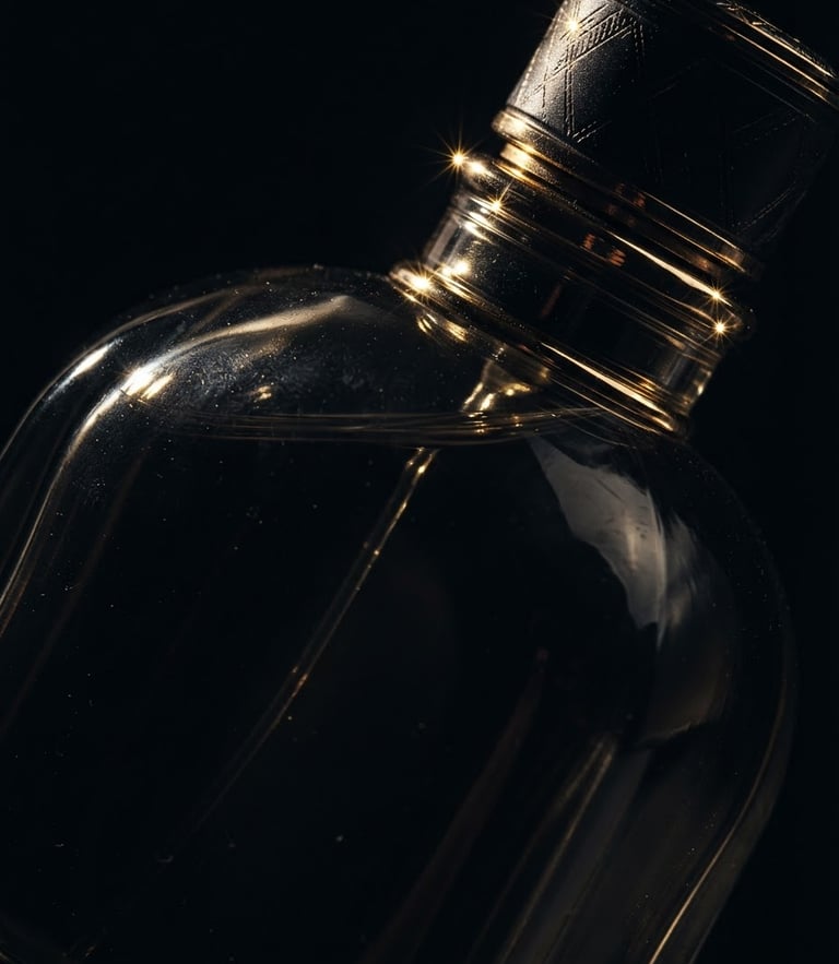Extreme macro shot of a heavy dark glass perfume bottle catching sharp gold glints of light, low-key chiaroscuro lighting, deep black background, 85mm lens.