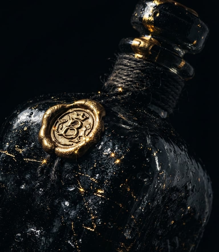 Extreme macro shot of a heavy dark glass bottle catching sharp gold glints, low-key chiaroscuro lighting, deep black background