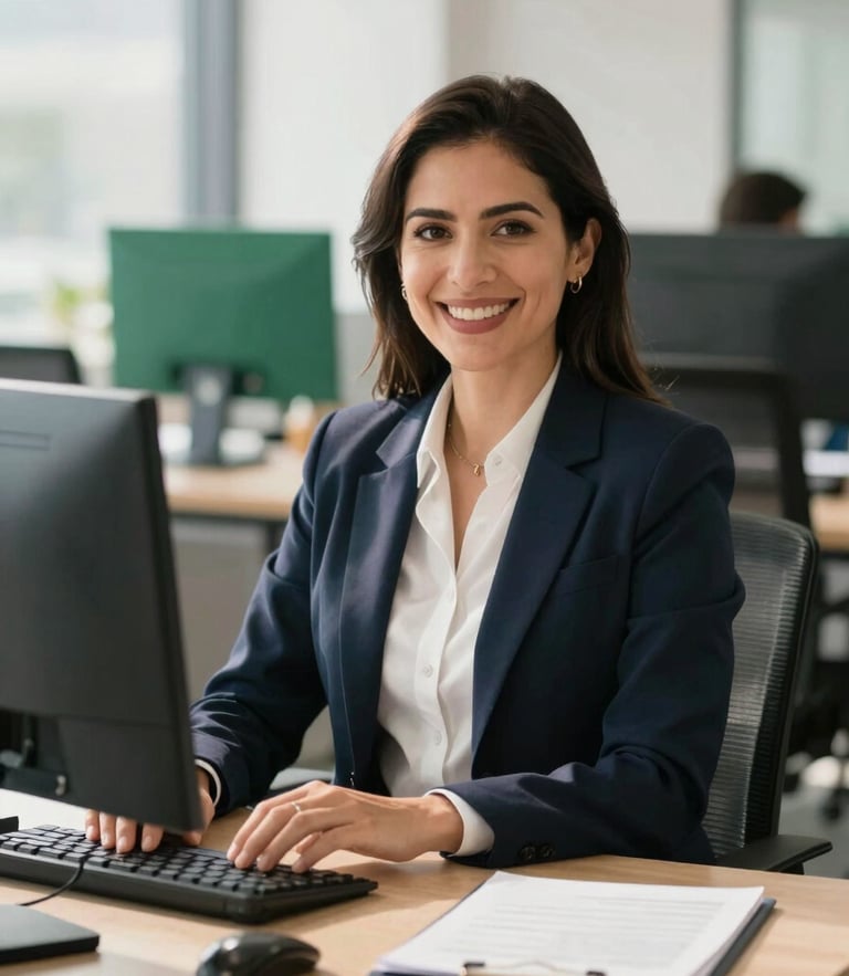Professional female accountant in a modern, sunlit Colombian office, clean desk, smiling warmly, warm corporate photography, 35mm