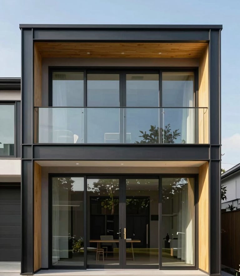 Straight-on architectural elevation of a modern home extension with clean steel framing and large glass panels under clear daylight, 35mm