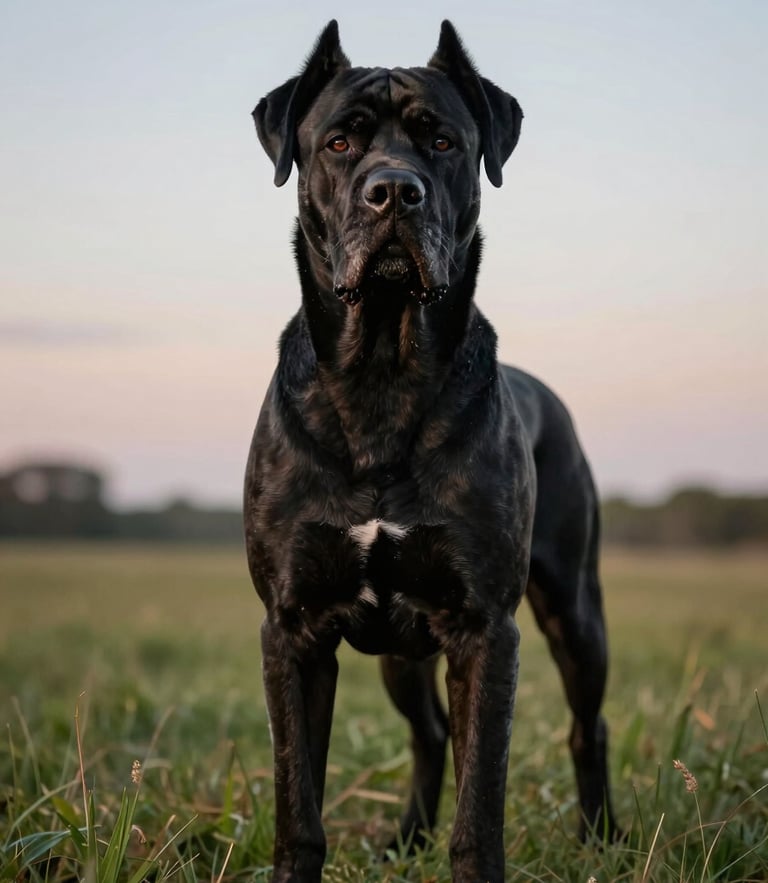Low-angle heroic portrait of a mature black Cane Corso standing alert in an expansive grass field at dusk, natural ears, intense intelligent gaze directed at the camera.