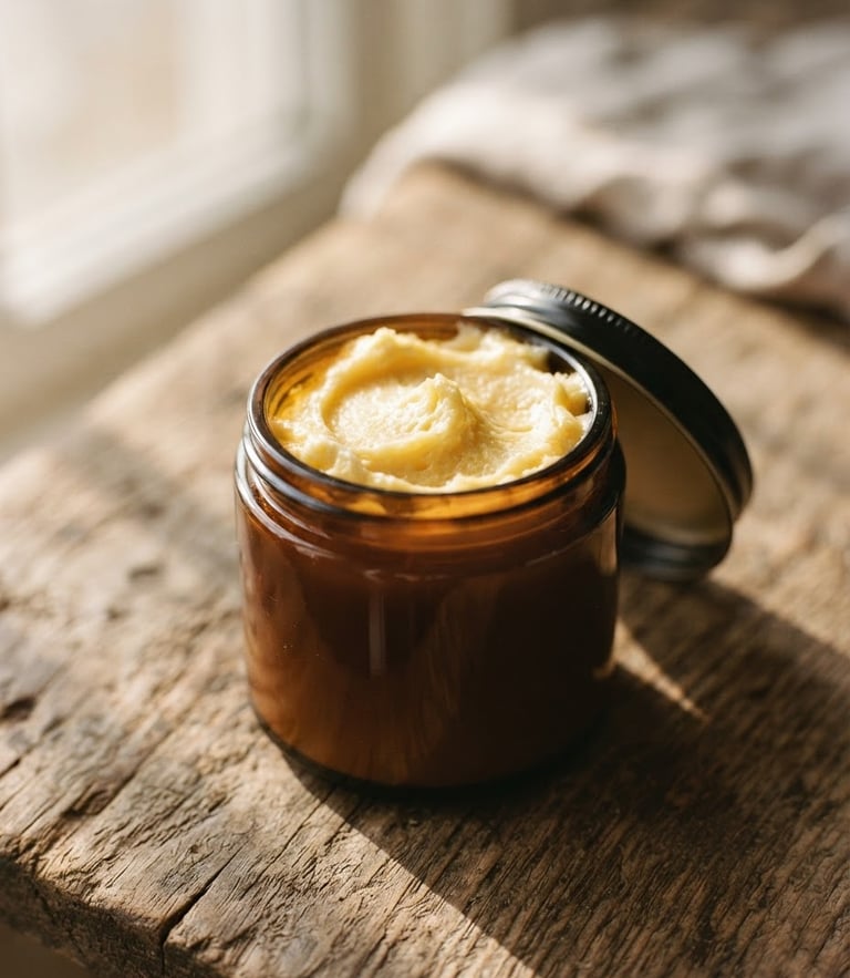 Macro close-up of golden, whipped tallow cream in an amber glass jar, resting on a rustic oak table with soft morning window shadows, 35mm film style.