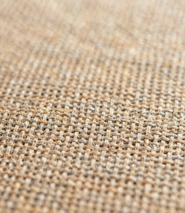 Macro close-up of heavy linen weave texture, warm sand tones, soft morning daylight, 35mm