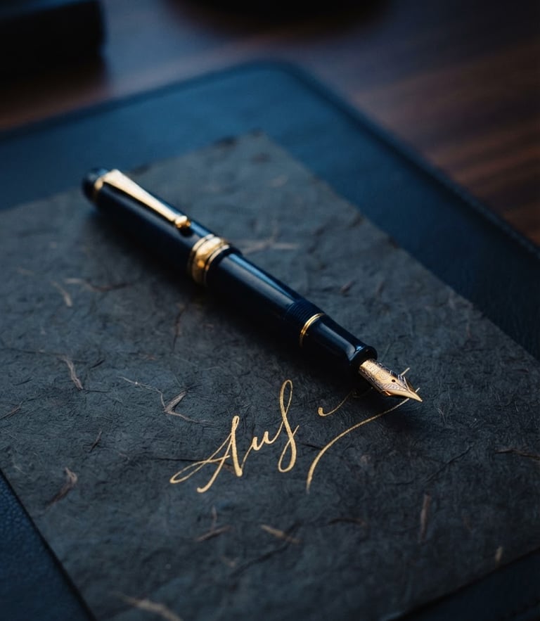 Close-up of a premium fountain pen on textured dark paper with subtle gold ink details, soft cinematic lighting, 35mm