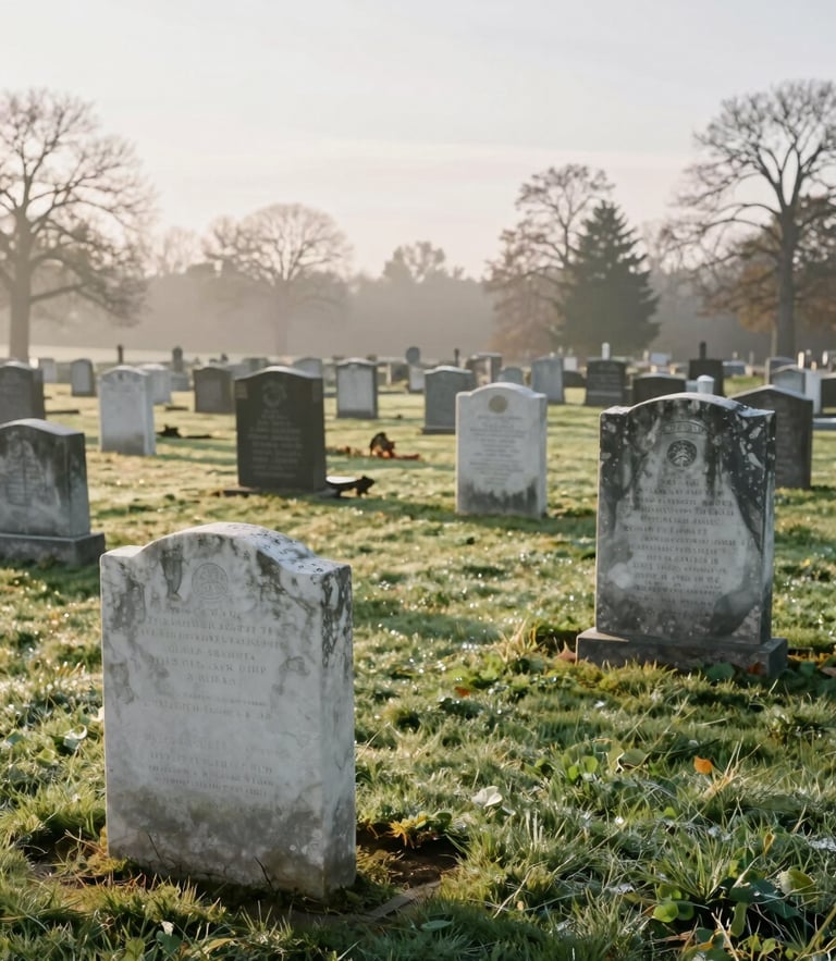 Wide, respectful environmental composition of a historic, peaceful cemetery at sunrise, soft morning light illuminating weathered marble headstones, dew on the grass, no harsh shadows.