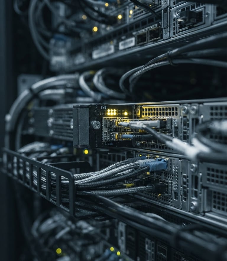 Macro close-up of high-end server rack infrastructure with cool desaturated tones and sharp gold indicator lights, shallow depth of field, 35mm
