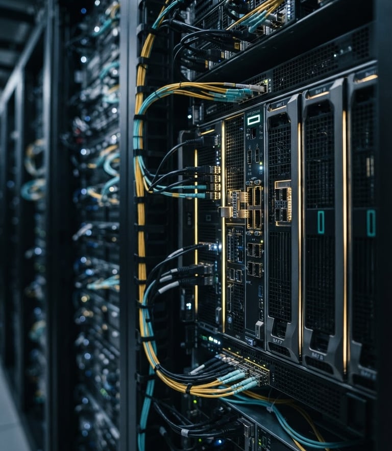 Portrait framing, close-up of high-end server infrastructure with cool desaturated tones and sharp gold accent lighting, shallow depth of field, 35mm.