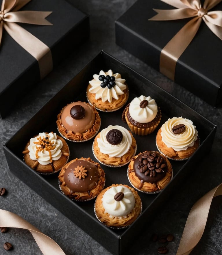 Overhead flatlay of a luxury black corporate gift box containing artisanal pastries and premium coffee beans, champagne gold ribbon, side-lighting, moody atmosphere.