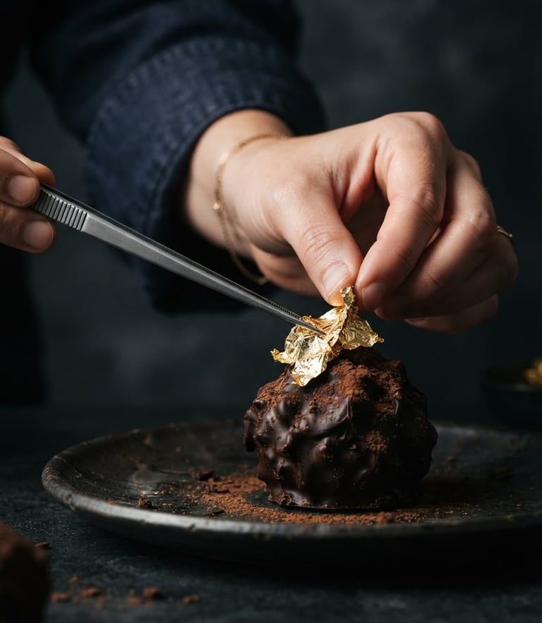 Moody close-up of a pastry chef placing a delicate edible gold leaf on a dark chocolate truffle, side-lit, dark graphite background, rich textures, shallow depth of field.