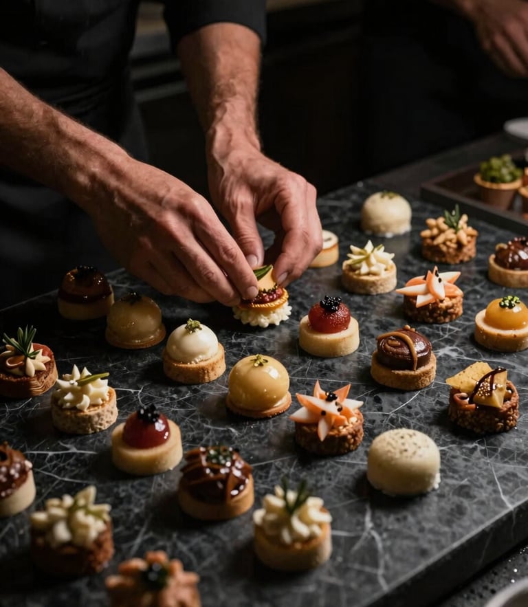 Hands of a professional culinary team arranging gourmet appetizers on a dark marble surface, focused lighting, high-end catering prep.