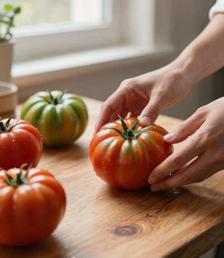Close-up of hands arranging fresh heirloom tomatoes on a wooden table, soft natural window light, rustic kitchen setting.
