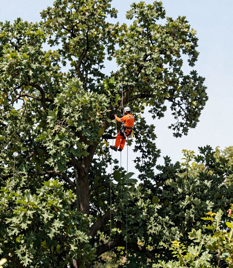 Wide environmental shot of a professional arborist in safety orange gear pruning a massive oak tree canopy, bright natural daylight, high-contrast forest green leaves against a clear sky.