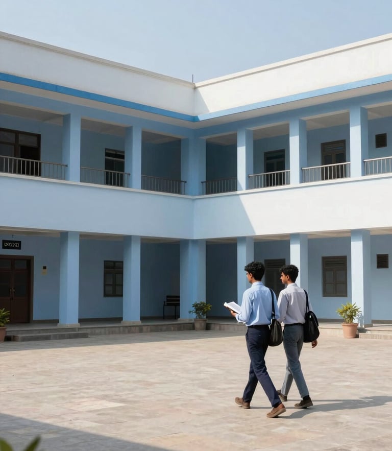 A bright, sunlit courtyard of a historic Pakistani university campus, student walking with books, clean architectural lines, professional blue tones