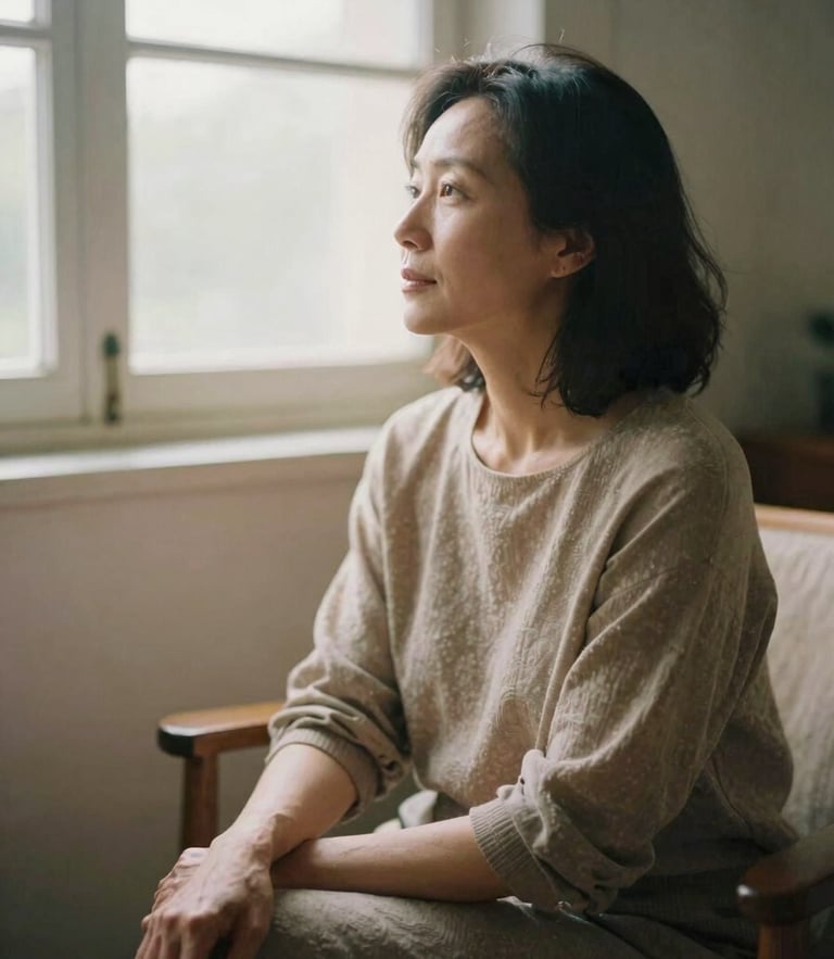 A mature woman in her late 40s sitting in a sunlit room, looking thoughtfully out a window, soft morning light, warm earthy tones, 35mm film look.