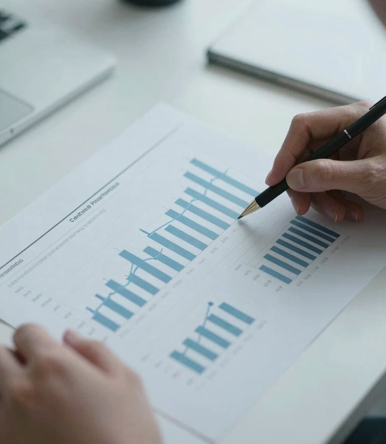 Close-up of hands analyzing physical statistical reports on a clean desk, sharp focus, cool diffused daylight, desaturated blue and slate tones.