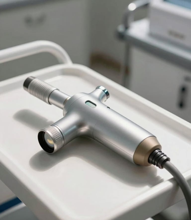 Close-up of a sleek medical laser handpiece resting on a pristine clinical cart, bright clinical daylight, soft shadows, luxury clinic background.