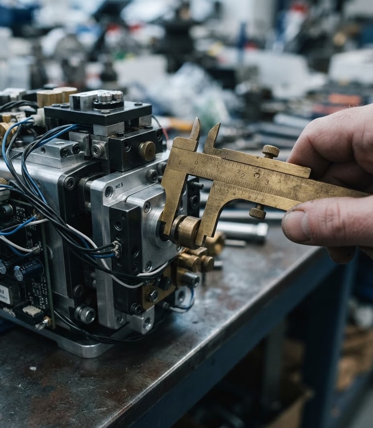 Extreme close-up of a technical product prototype being measured with brass calipers, cool industrial daylight, 35mm