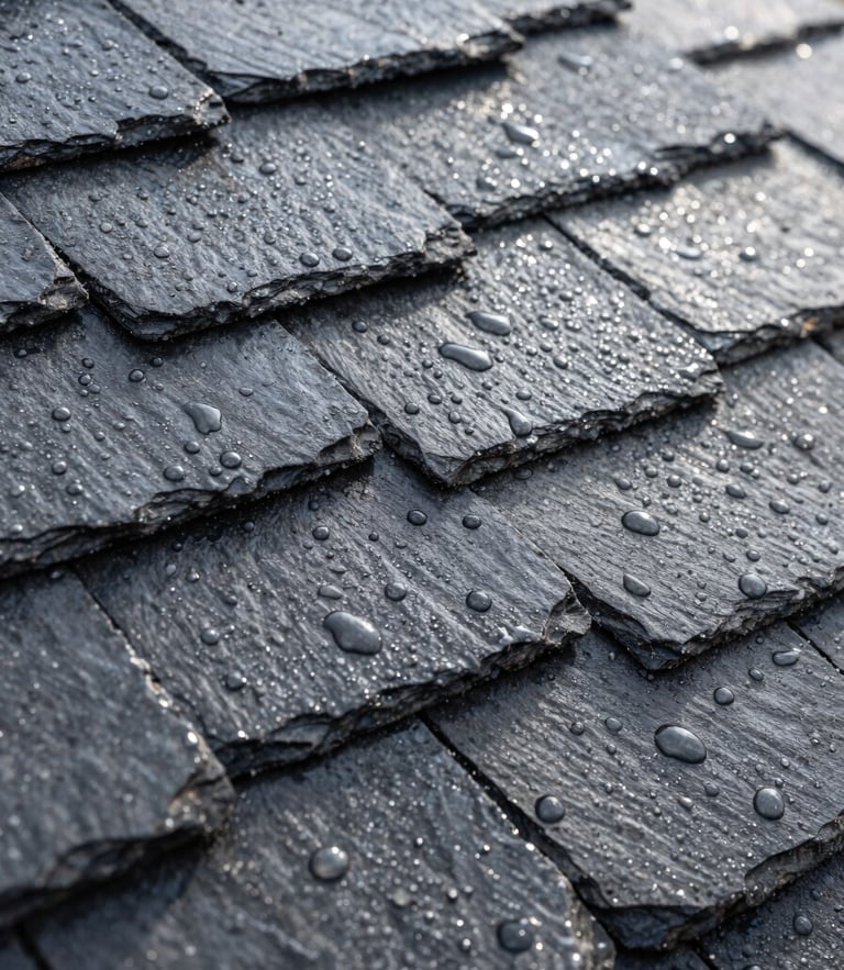 A close-up vertical shot of water beading perfectly on dark slate asphalt shingles treated with nanotechnology, bright Quebec daylight, sharp focus on texture.