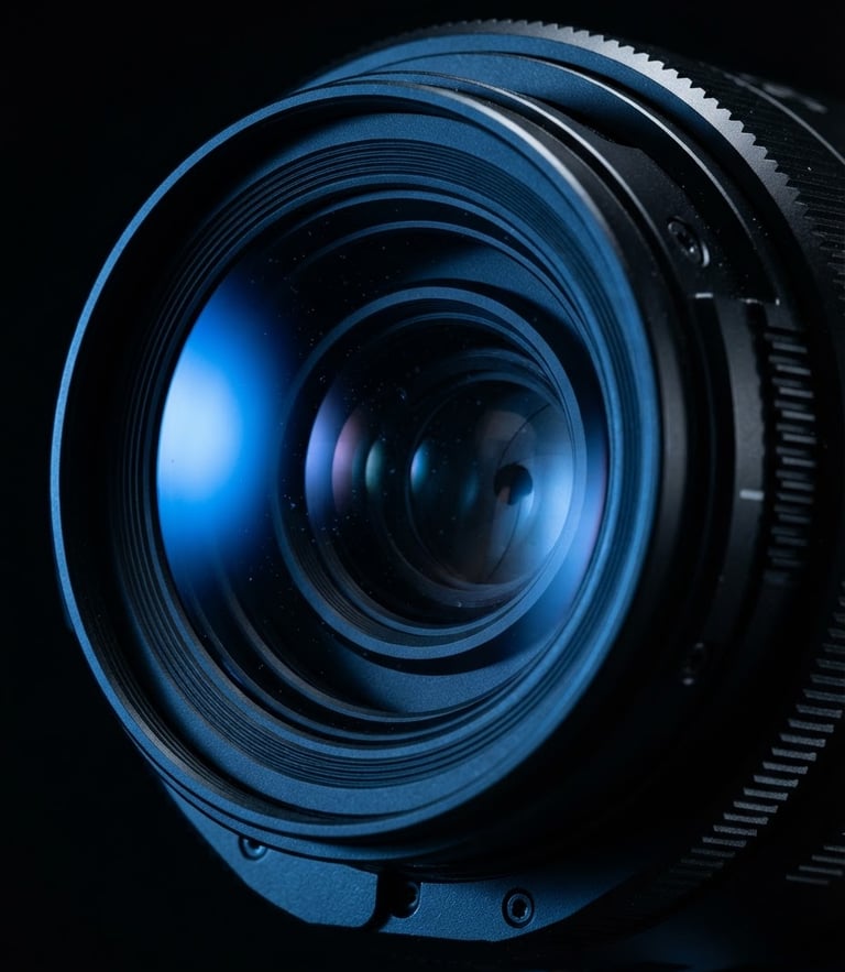 Sleek close-up macro of a professional CCTV camera lens reflecting electric blue light, deep shadows, ultra-sharp focus, clean technical lines.