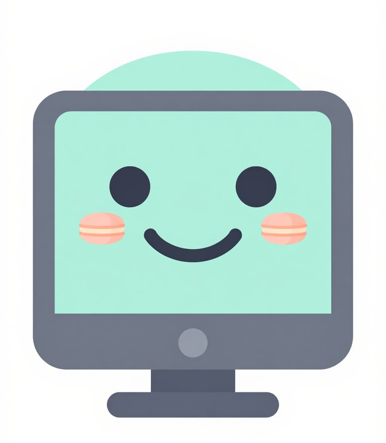 Flat vector illustration of a friendly computer with a smiling face, soft macaron pastel colors, clean minimalist lines, bright cheerful mood, geometric