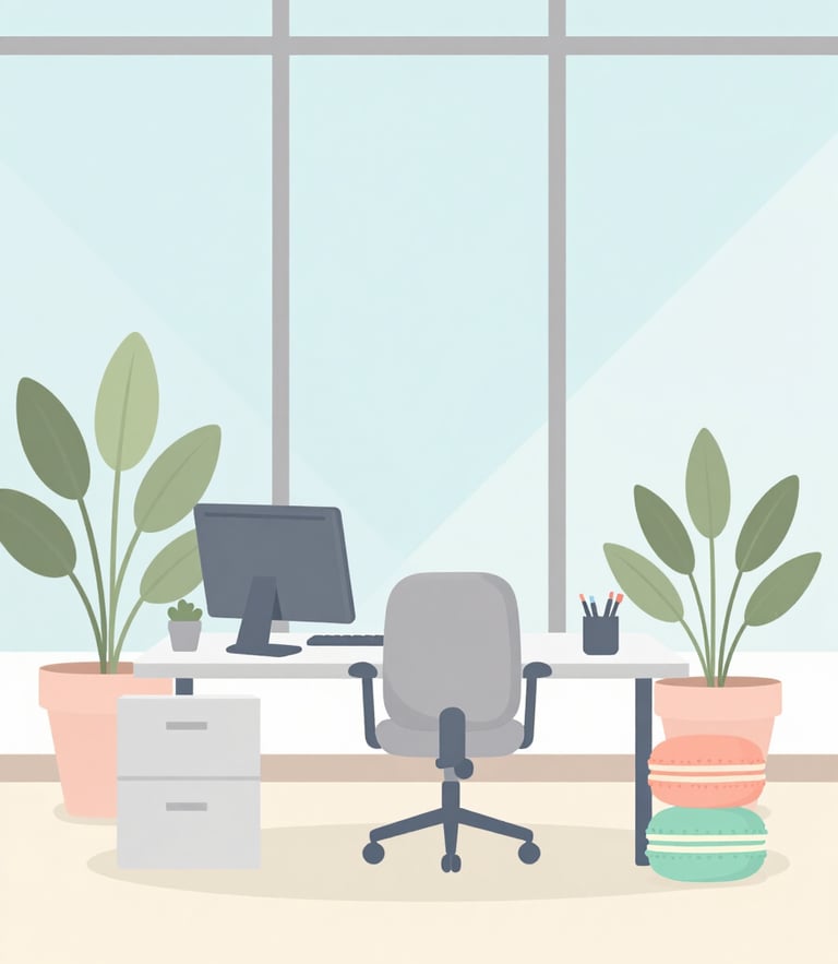 Flat vector illustration of a tidy Des Moines office workspace, soft macaron pastel colors, clean minimalist lines, bright cheerful daylight, geometric plants.