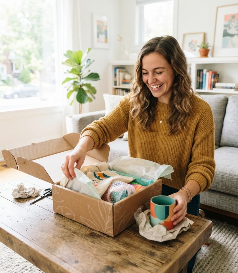 Bright high-key lifestyle photography, a happy customer unboxing a parcel in a modern bright living room, crisp daylight, vibrant colors, sharp focus, 35mm