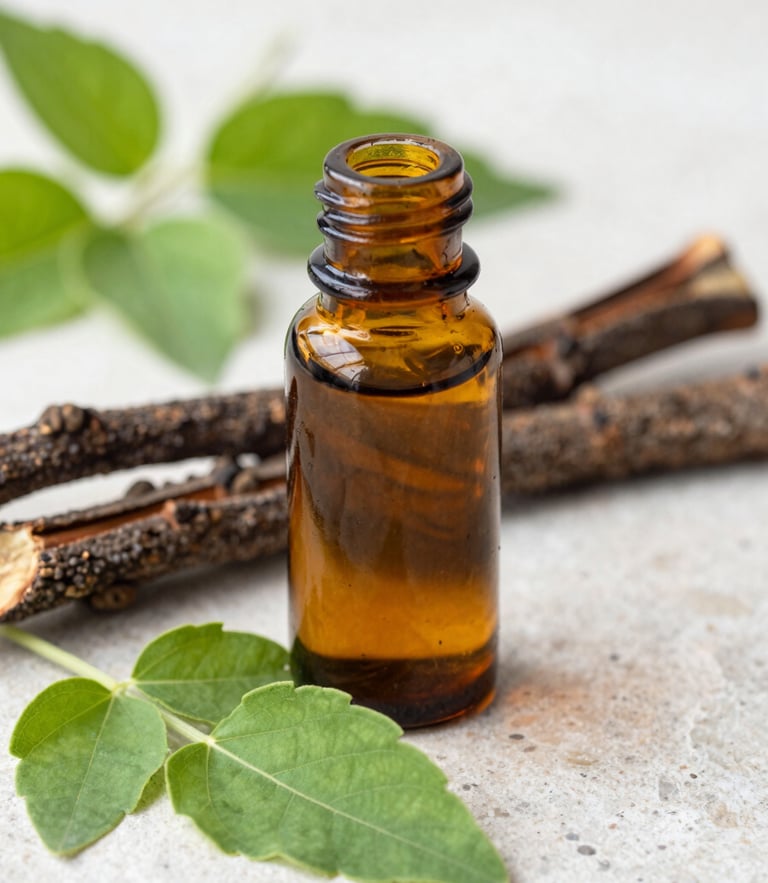 An amber glass bottle of Heart Heal Kadha resting on a clean stone surface, surrounded by raw Arjuna bark and fresh green Tulsi leaves, soft morning daylight, macro lens, shallow depth of field