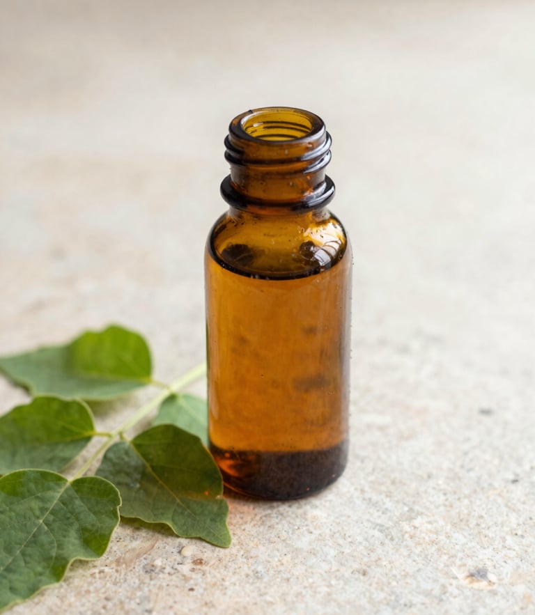 An amber glass bottle of Ayurvedic kadha resting on a light stone surface with fresh green Tulsi leaves beside it, soft morning daylight, shallow depth of field.